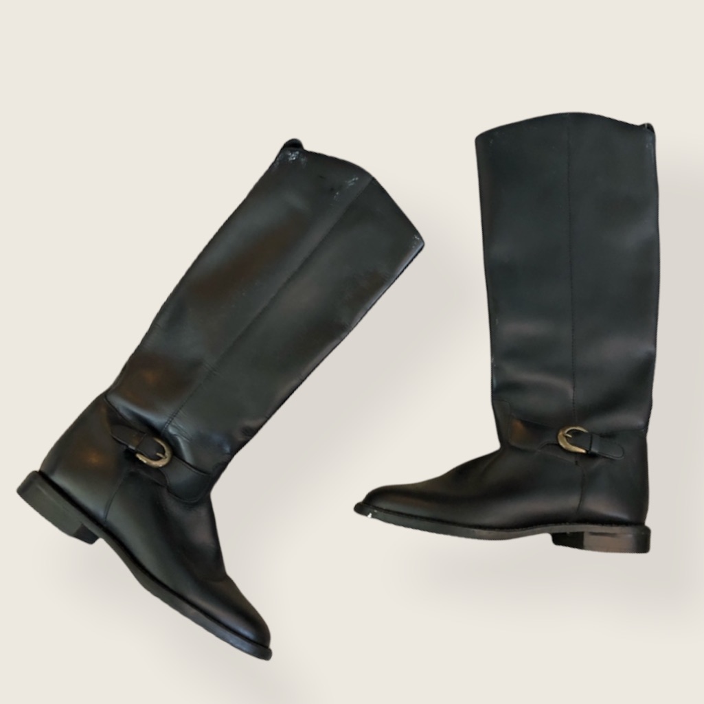 Nine West Black Buckle Knee High Pull On Boots Almond Toe